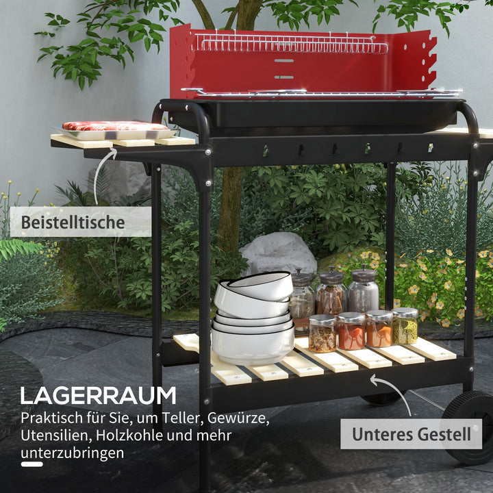 Metalkulgrill BBQ-ryger med hjul, højdejusterbar grillrist, træhylde, 103x47x95 cm, rød