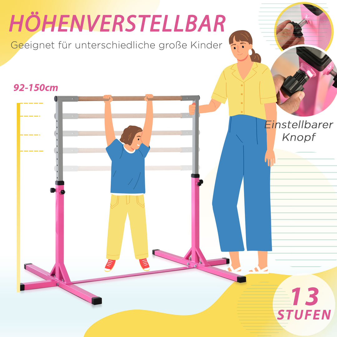 Gymnastikstang til børn, højdejusterbar vandret stang, vandret stang til indendørs og udendørs brug, lavet af træ og robust stålkonstruktion, lasteevne op til 75 kg, til børn fra 3 år, lyserød