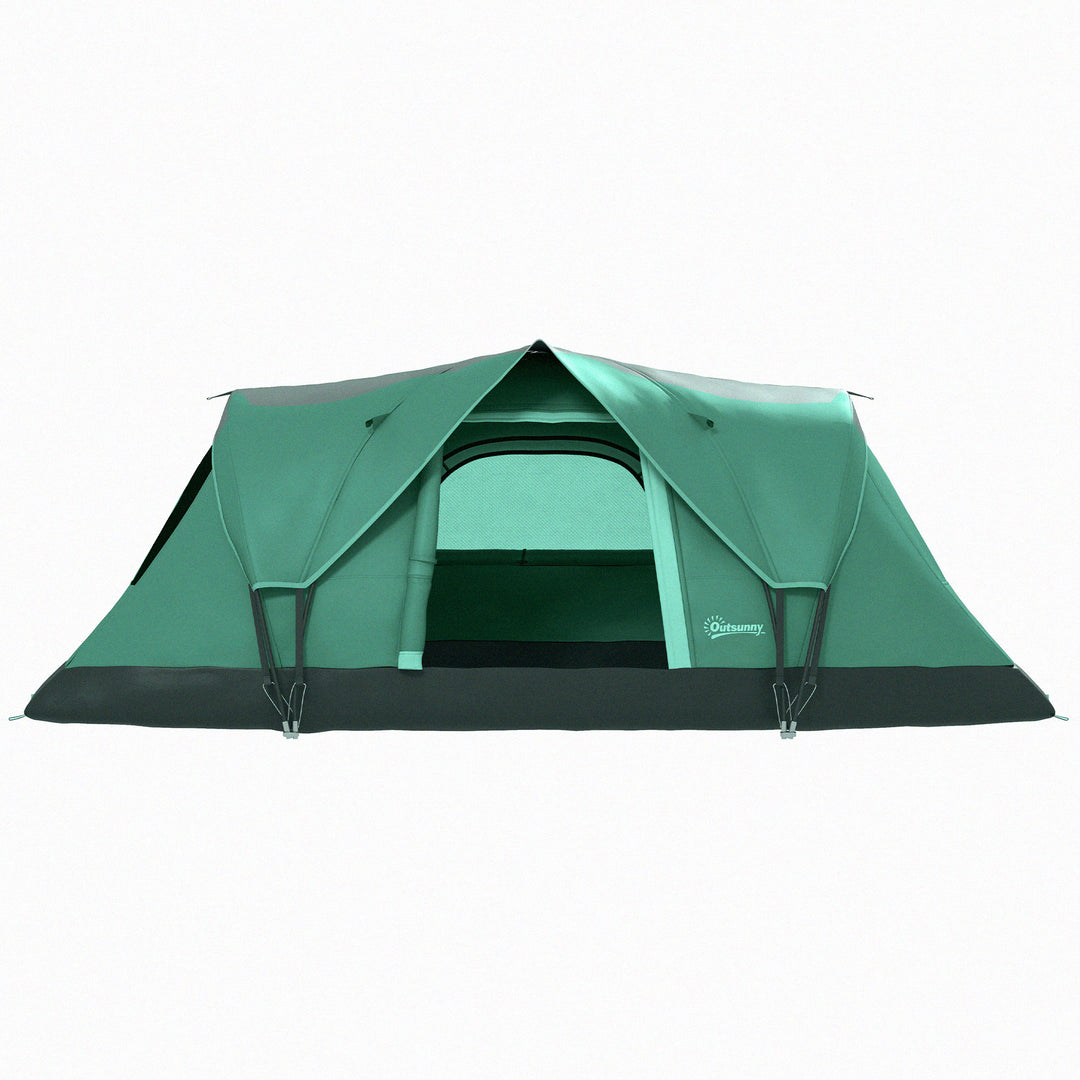 Campingtelt til 5-6 personer, familietelt, lampekroge, sidelommer, 4,55x2,3x1,8m, grøn/sort
