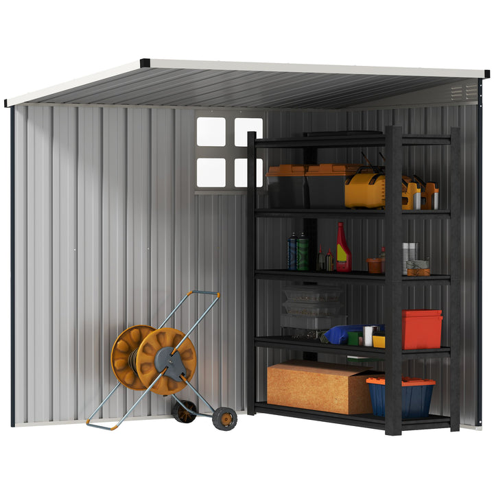 Haveskur, redskabsskur til haveredskaber, vinduer, ventilationsåbninger, aflåselig, stål, mørkegrå