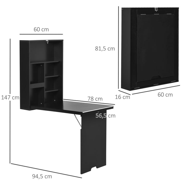 Vægklapbord, inklusive skrivebræt, 60 cm x 94,5 cm x 147 cm, sort
