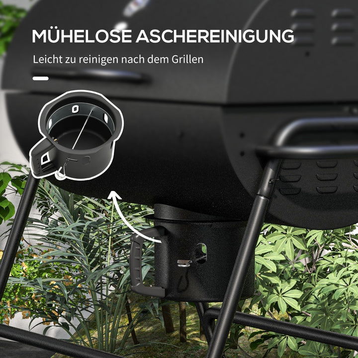 Metalkulgrill BBQ-ryger med låg, termometer, hjul, grillvogn, 95x71,5x102 cm, sort