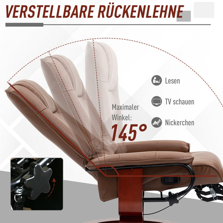 Lænestol, 145° lænestol, justerbar fodstøtte, kunstlæder, 360° roterbar, op til 120 kg, brun