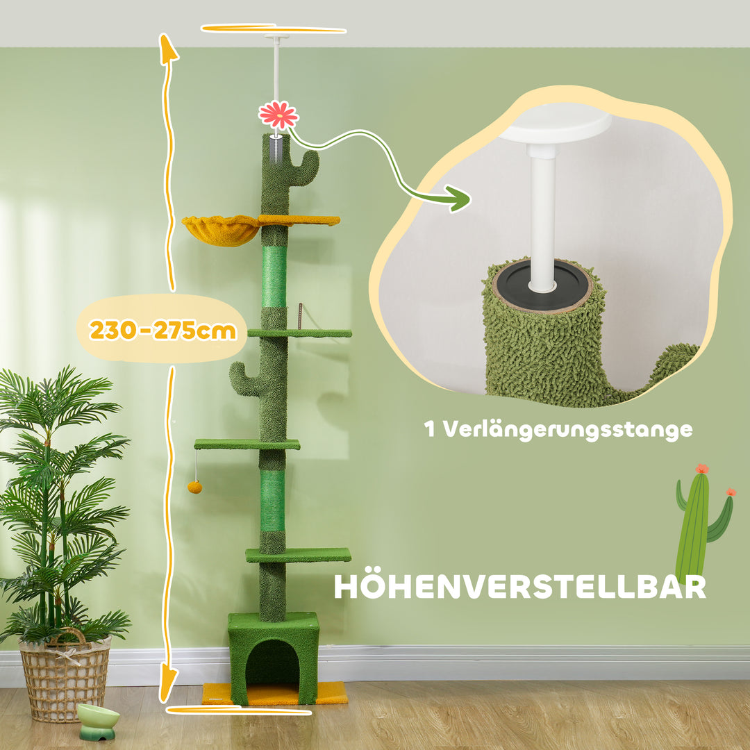 Højdejusterbart kradsetræ 230-275 cm, pladsbesparende legeplads med hængekøje, grøn