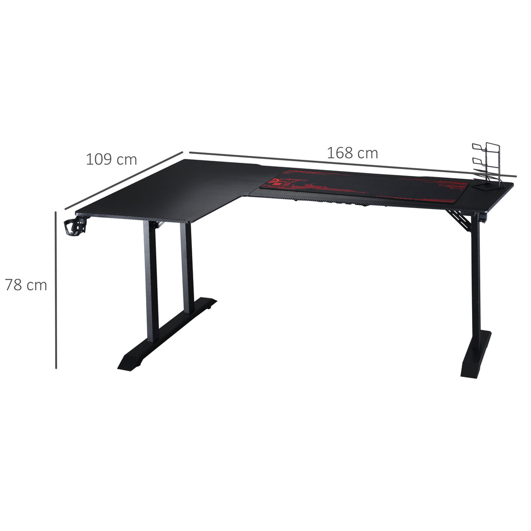 Gamingbord l-formet med hovedtelefonkrog kopholder computerbord mdf metal sort+rød 168 x 109 x 78 cm