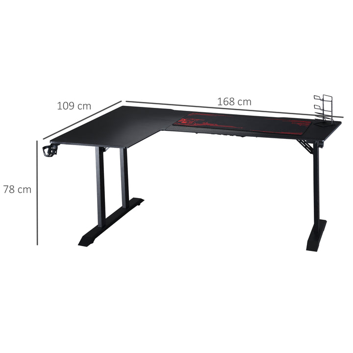Gamingbord l-formet med hovedtelefonkrog kopholder computerbord mdf metal sort+rød 168 x 109 x 78 cm