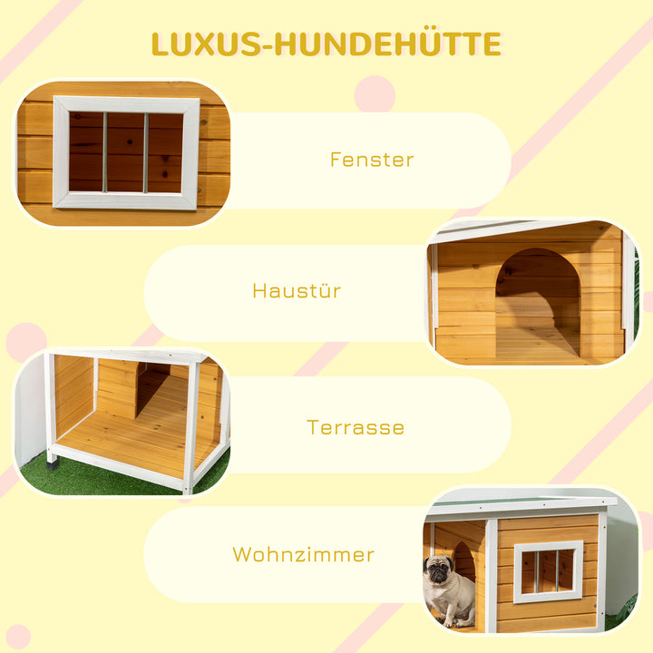 Hundehus med veranda, hængslet tag, vindue, justerbare fødder, naturtræ, orange, 85,5 x 62 x 60 cm