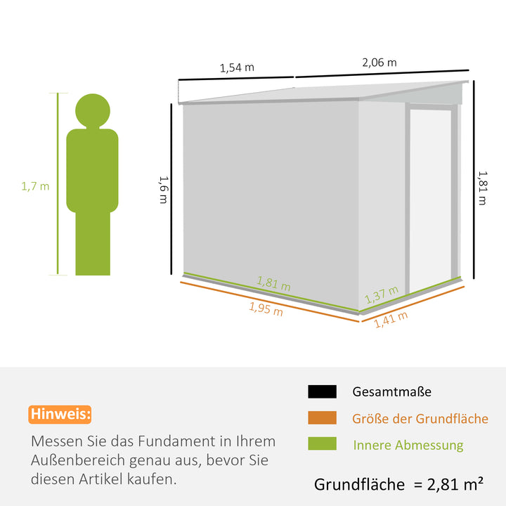 Metal haveskur 2,81m² 154x206,5x181 cm Redskabsskur med hultag Fundament