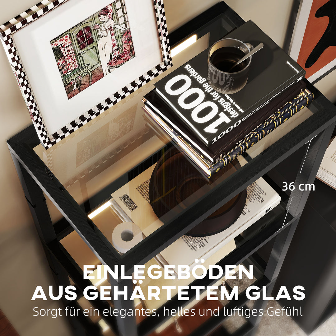 Led-gulvlampe med 4-lags hylde, oplyst hylde med 4 glasrum, fodkontakt, mdf, sort