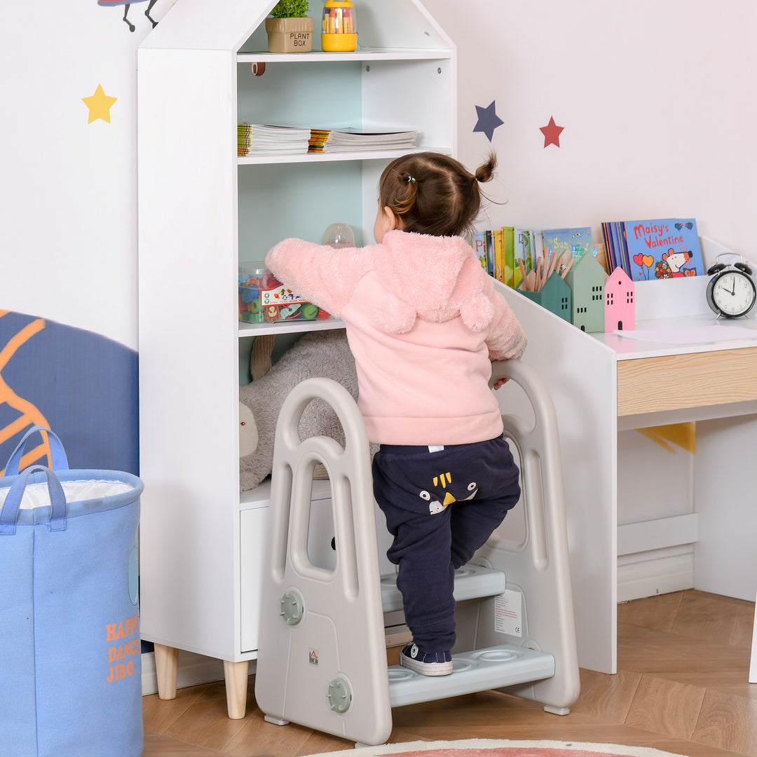 Learning tower trappeskammel stående med 2 trin pyramidestruktur sikkerhed badeværelse soveværelse køkken blå+grå til 2-5 år hdpe pp 43,5 x 38,5 x 61 cm