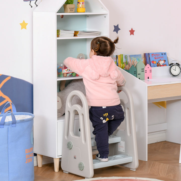 Learning tower trappeskammel stående med 2 trin pyramidestruktur sikkerhed badeværelse soveværelse køkken blå+grå til 2-5 år hdpe pp 43,5 x 38,5 x 61 cm
