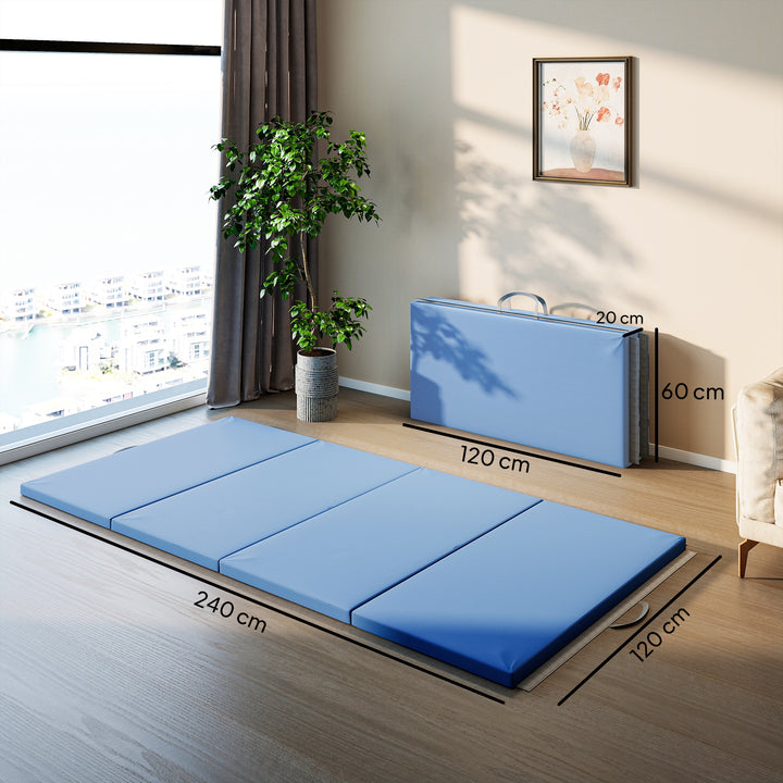 Træningsmåtte, foldbar fitnessmåtte, sportsmåtte med håndtag til yoga, MMA, fitness, Pilates, 240 x 120 x 5 cm, lyseblå