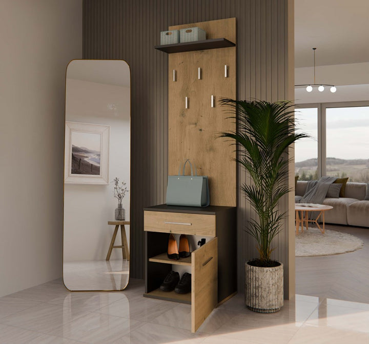 Skoskab + knagerække, et elegant og stilfuldt møbel til entréen, naturfarvet og sort