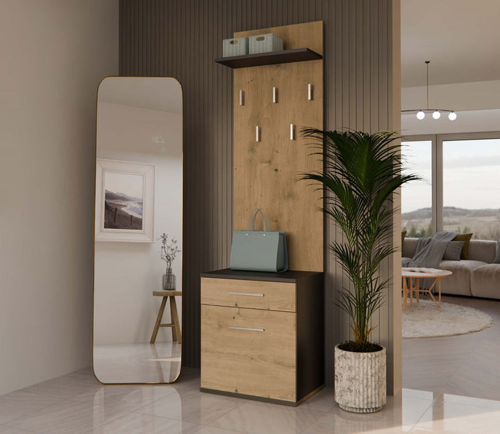 Skoskab + knagerække, et elegant og stilfuldt møbel til entréen, naturfarvet og sort