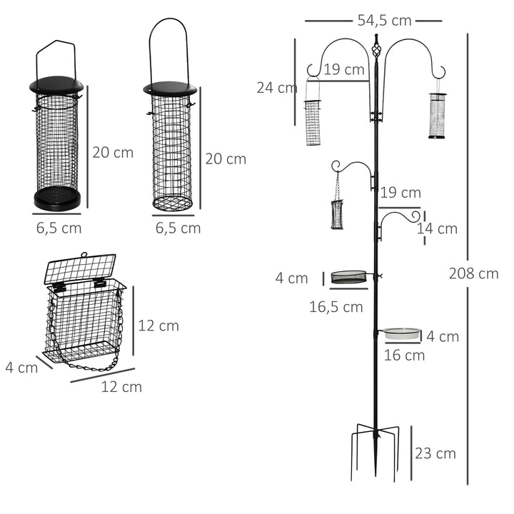 Fuglefoderstationssæt af stål, højde 208 cm, inklusive 4 kroge, fuglebad, foderplade, komplet fodersøjle, fuglefoderstation, sort
