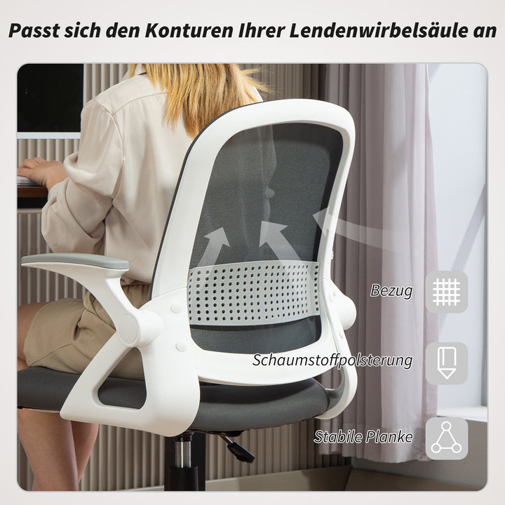 Åndbar netkontorstol, ergonomisk drejestol med foldbare armlæn og lændestøtte, grå
