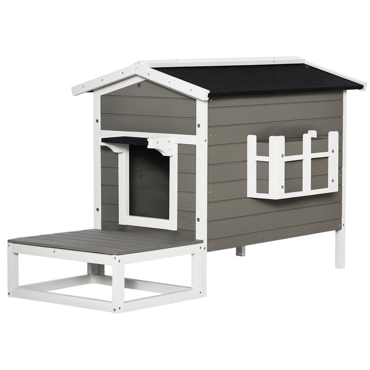 Trækattehus, vintertæt, vandtæt, kattehus med asfalttag, terrasse, kattehule, kattekasse, udendørs ly til udendørs brug, have, balkon, 115 x 66,5 x 74,7 cm, grå + hvid