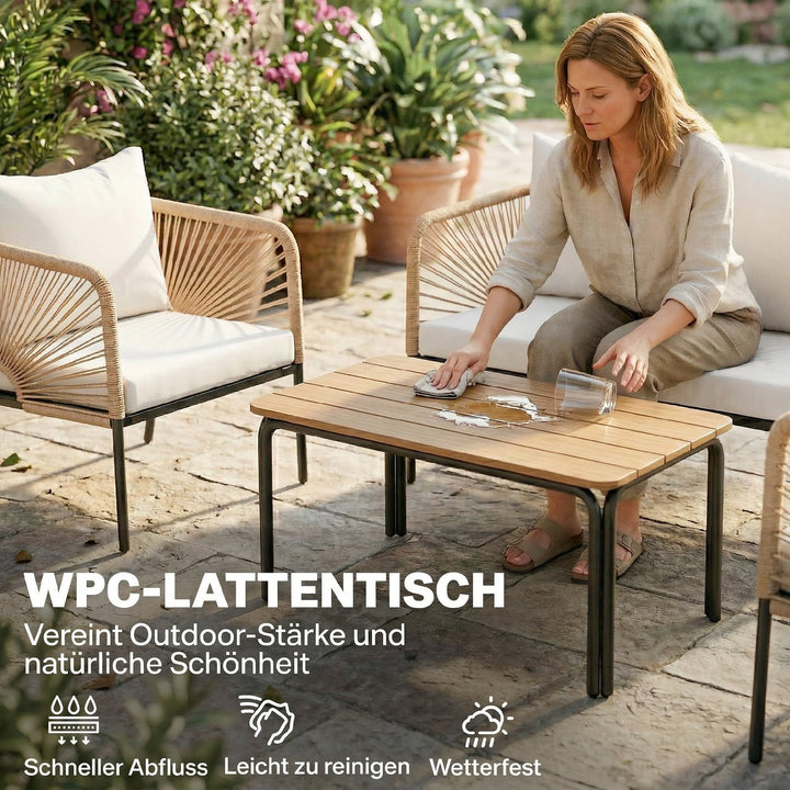 Havemøbelsæt, vejrbestandigt, til 4 personer, med 2-personers sofa, 2 lænestole, WPC lamelbord, metal, PE-rattan, hvid