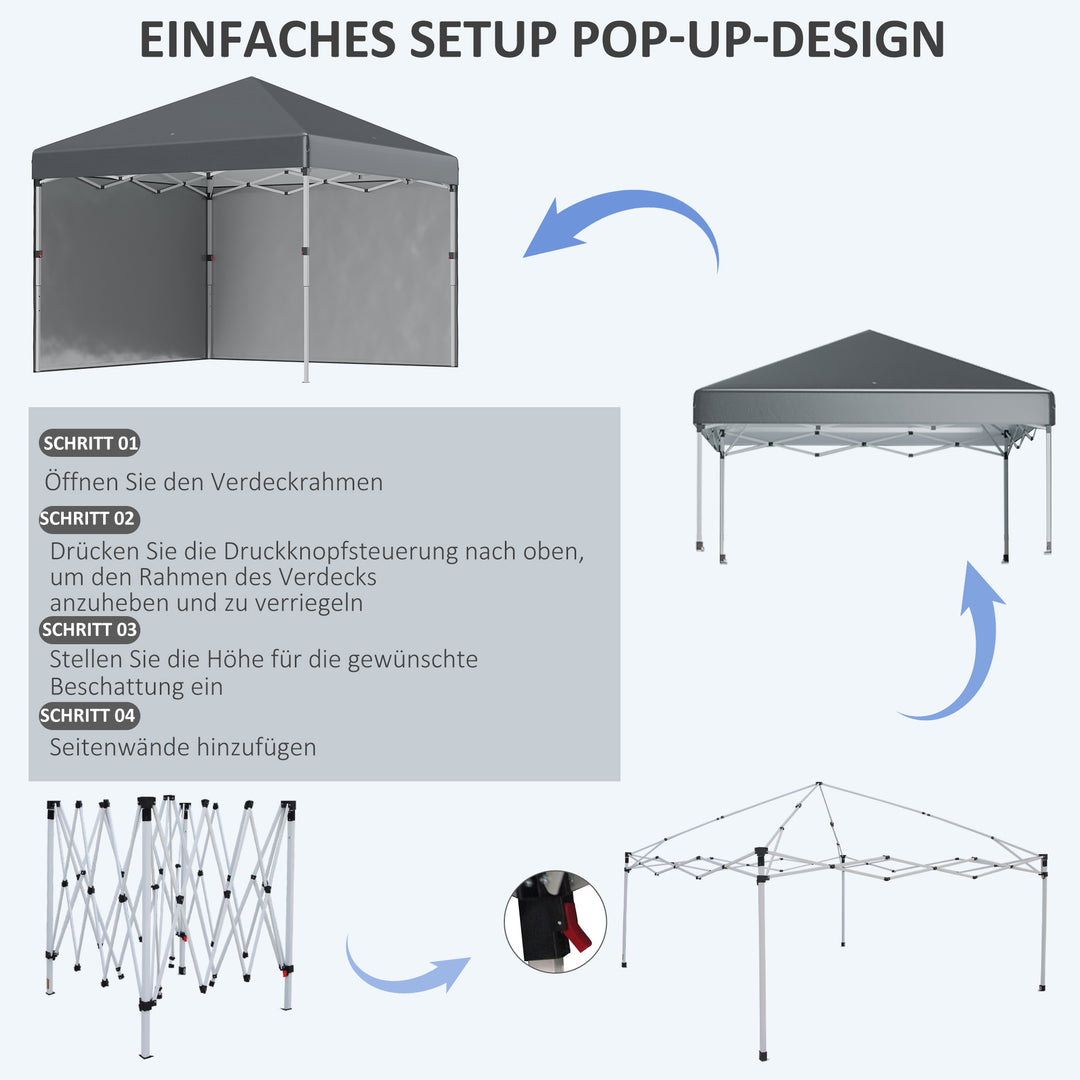 Foldbar pavillon, 2 sidepaneler, højdejusterbar, med bæretaske, stel i rustfrit stål, 3x3 m, mørkegrå