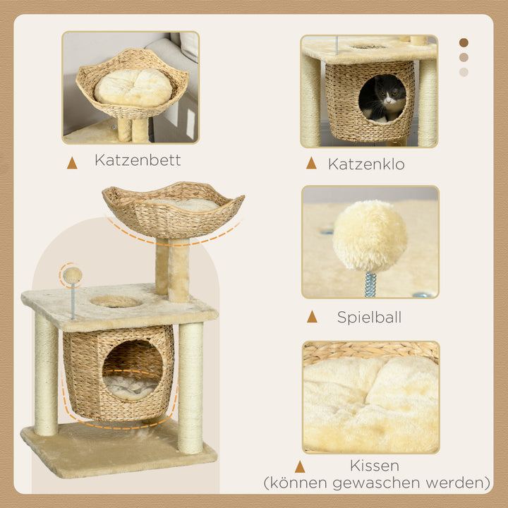 Kradsetræ med kattehule, liggeplads, legebold, 45x40x74cm, beige
