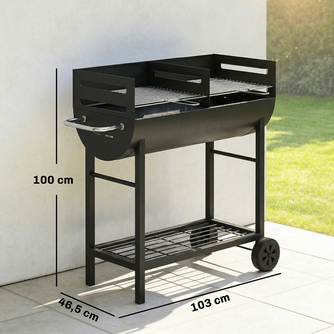 Kulgrillvogn med 2 grillzoner, højdejusterbar grillrist, træhylde, hjul, sidehåndtag, 103 x 46,5 x 100 cm