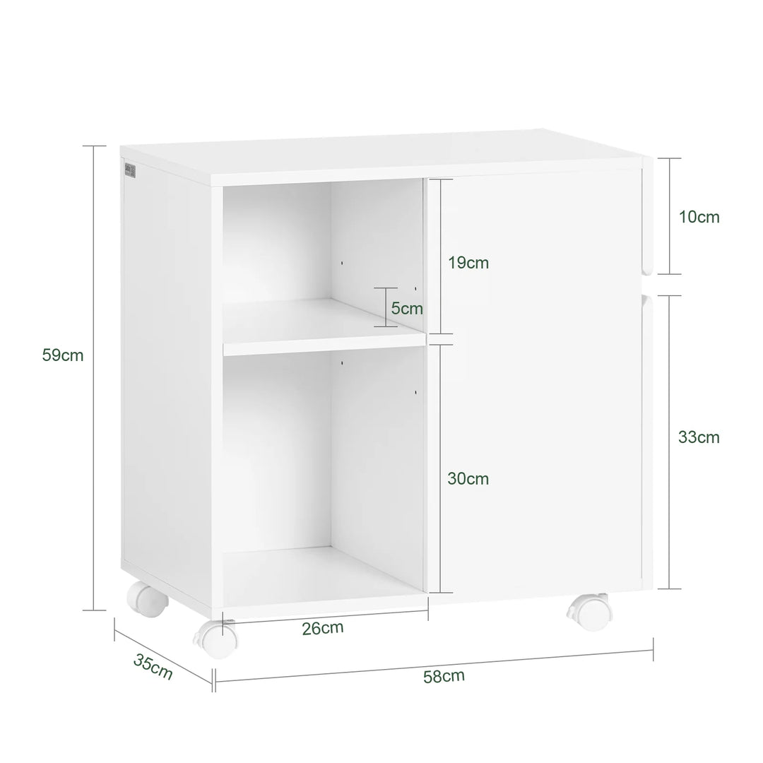 Kontorskab på hjul til printer med skuffer og rum, L58 x B35 x H59 cm, hvid