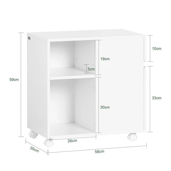 Kontorskab på hjul til printer med skuffer og rum, L58 x B35 x H59 cm, hvid