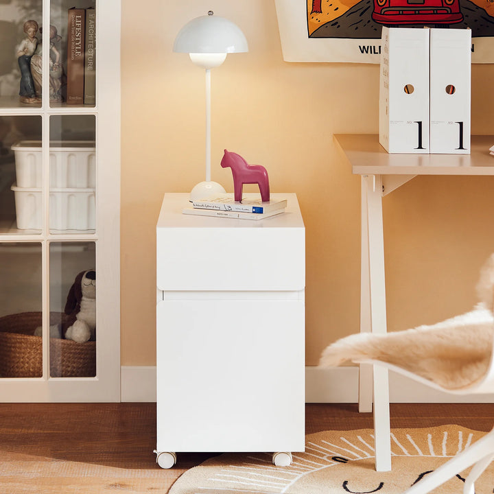 Kontorskab på hjul til printer med skuffer og rum, L58 x B35 x H59 cm, hvid