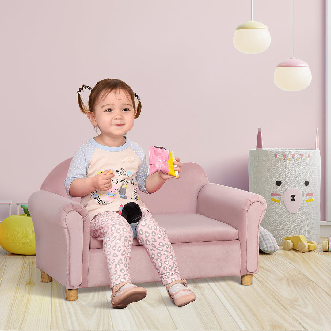 Børnesofa, to-personers til børn 3-5 år, opbevaringsplads, naturtræsstel, 84 x 41,5 x 48,5 cm, lyserød