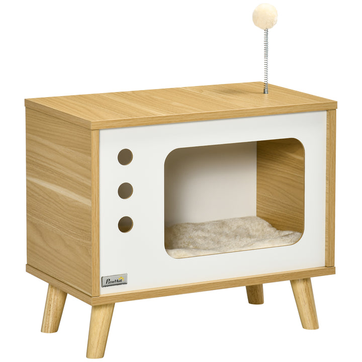 Kattehule i tv-design inklusive legetøj, vaskbar pude, 50 cm x 28 cm x 43 cm, eg + beige + hvid