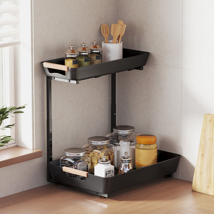 Køkkenreol, højdejusterbar stående reol med 2 kurve, kaffebar 40 x 30 x 33,5-42 cm