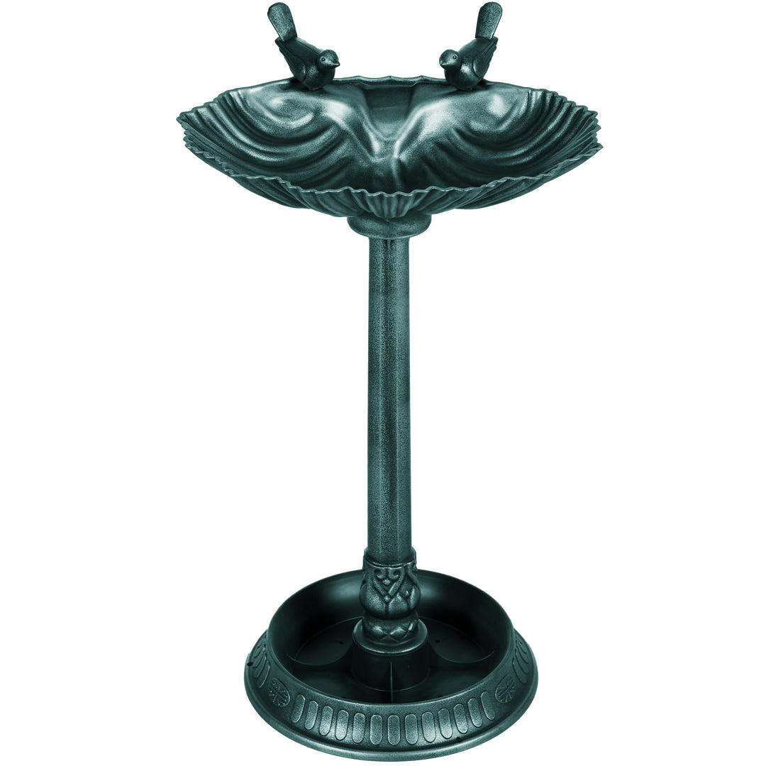 Fuglebad med statuer, 2 bassiner, plastik, antikt look, 49,5L x 38B x 81H cm, mørkegrøn