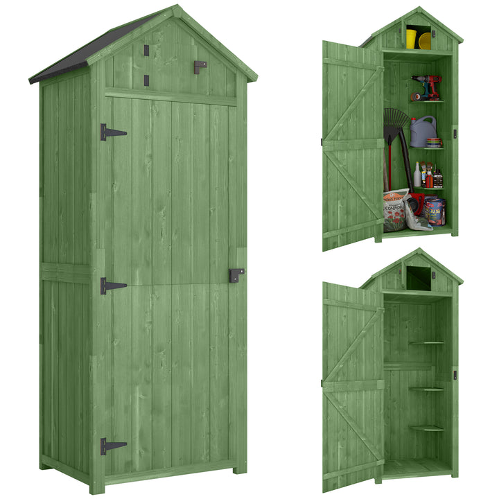 Træskur med 3 aftagelige hylder, aflåselig dør, asfalttag med skrånende tag og ventilation.