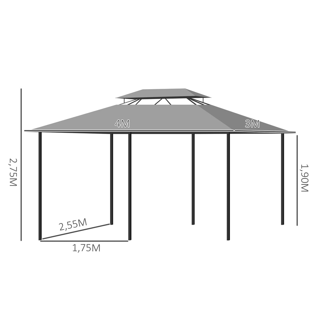 Pavilion 3x4m havepavillon med 6 sidepaneler festtelt havetelt med dobbelt tag mørkegrå