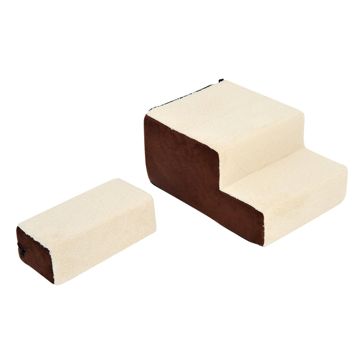 Kæledyrstrappe hundetrappe kattetrappe 3 trin til katte og hunde plys beige 54 x 40 x 39 cm