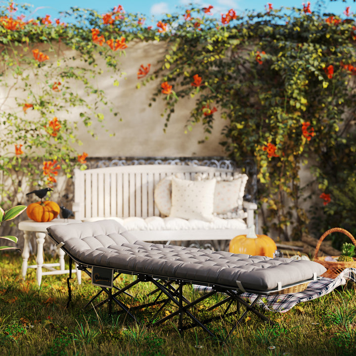 Sammenklappelig feltseng med madras, pude og sidelomme, 185 x 68 x 37 cm, op til 150 kg, lysegrå
