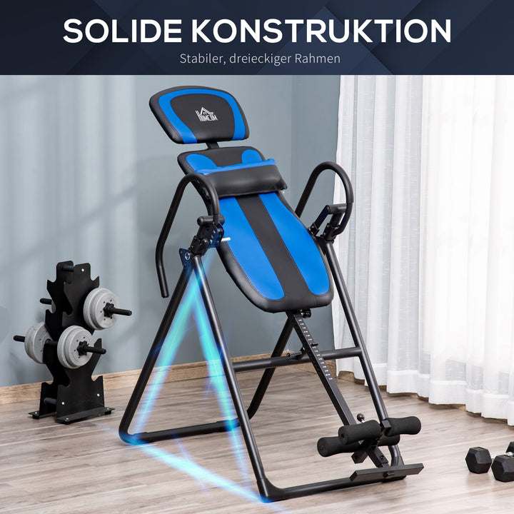Inversion bench foldbar gravity trainer med to bevægelige hjul rygpude metal abs sort+blå 132 x 71 x 145 cm