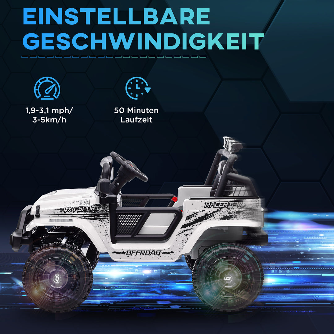 Elbil til børn med blød affjedring, fjernbetjening, led-lys, horn, 12v motorer, lavet af plast og metal, hvid