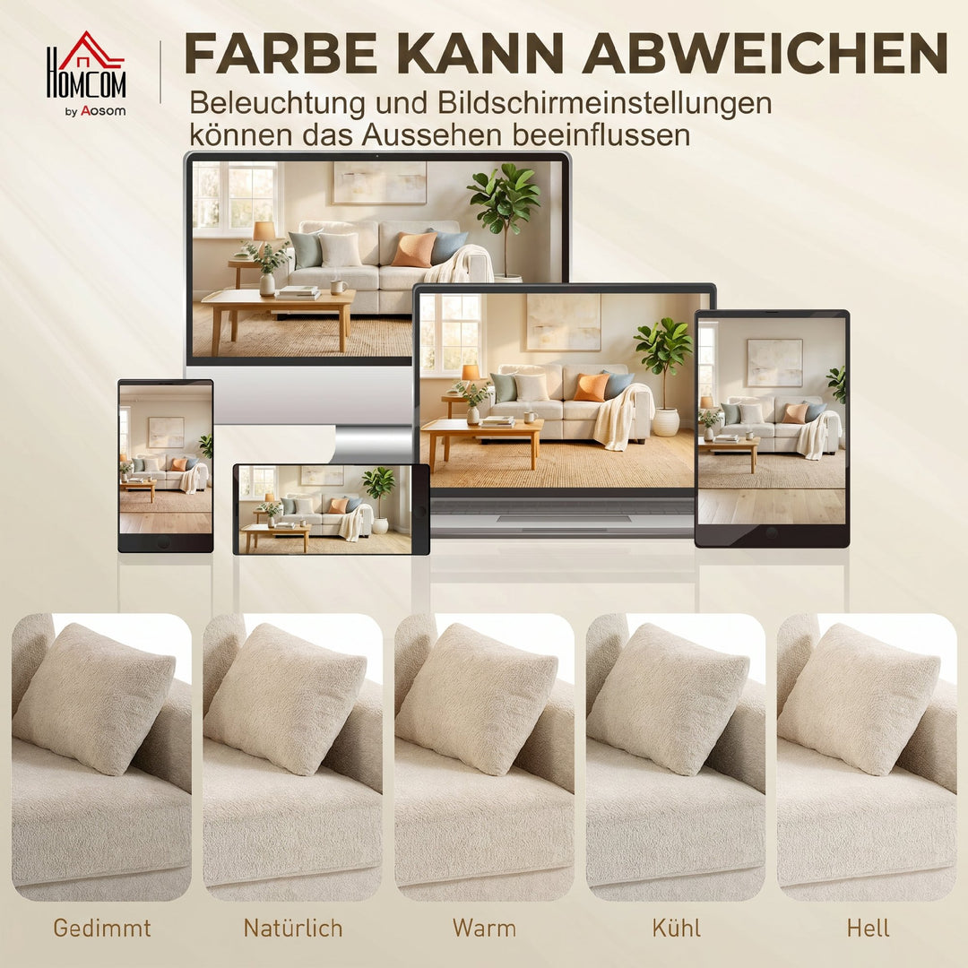 Beige 3-personers sofa med Raindrop-fløjlsbetræk, dybt sæde, fjerpuder, brede armlæn og 4 hynder