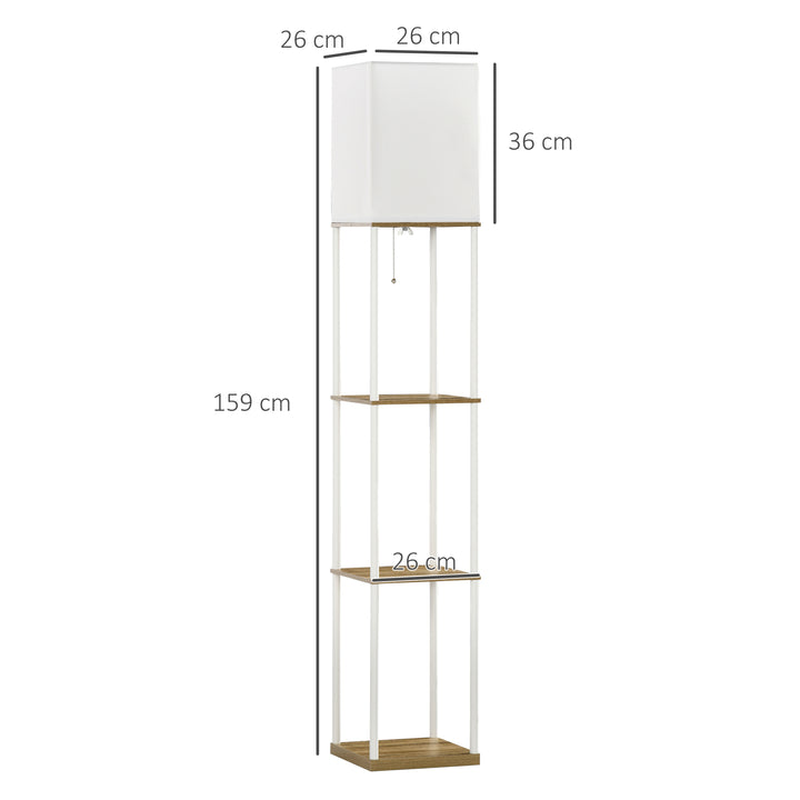 Gulvlampe, loftprojektør, med hylder, metalramme, stofskærm, 26x26x159cm, hvid/brun