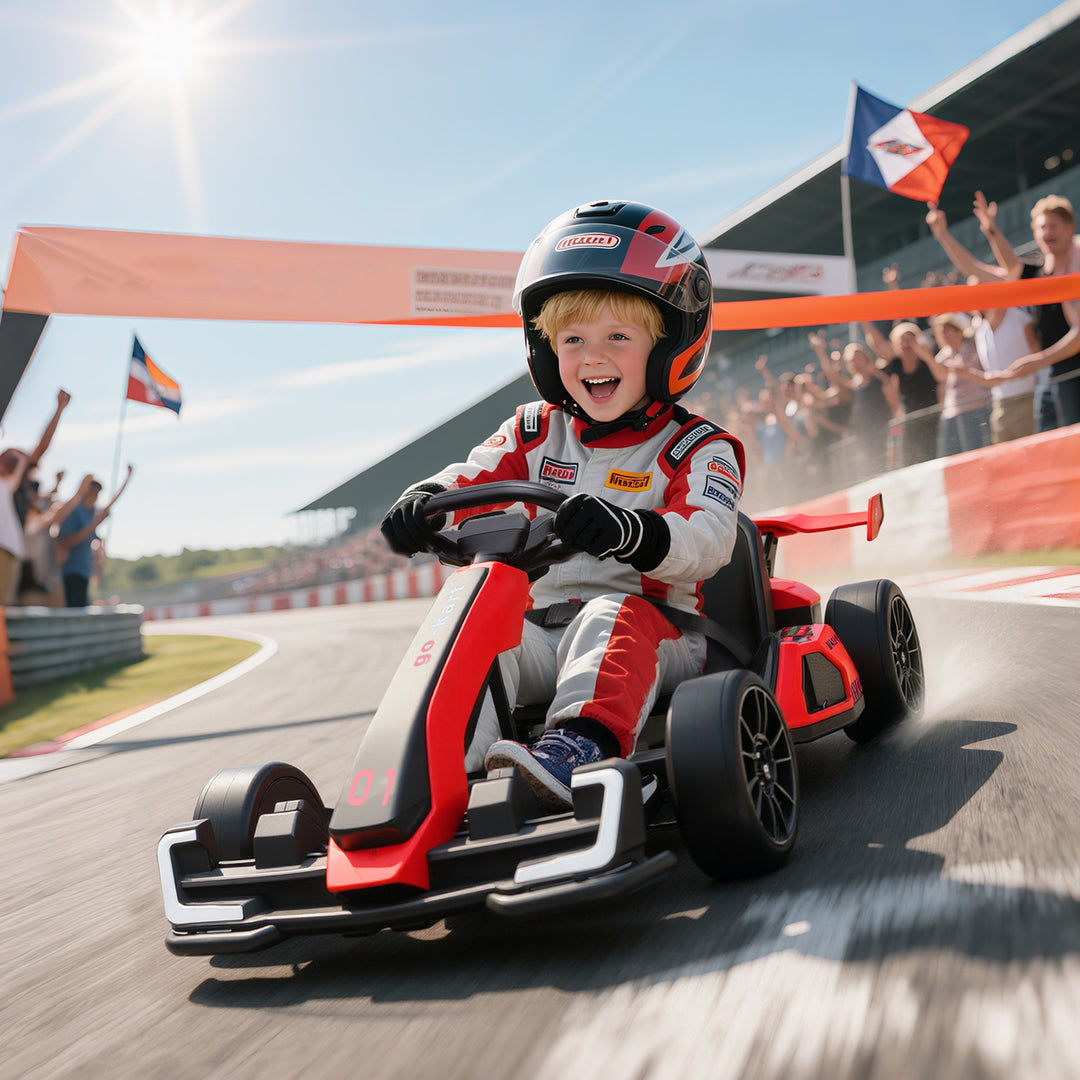 Gokart til børn, elektrisk kart med horn og musikfunktion, justerbart sæde, op til 12 km/t, plastik, metal, rød