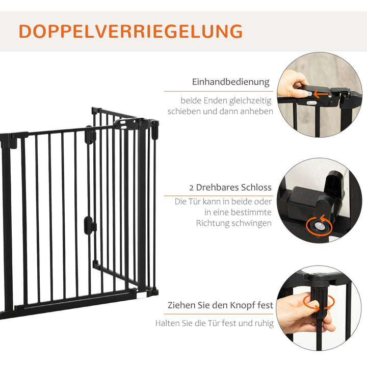 Hundebarrierer sikkerhedslåge kæledyrssikkerhedslåge justerbar foldbar pejsrist med automatisk lukning 3 paneler til komfur vægmonteret/fritstående sort 202,5 x 76 cm