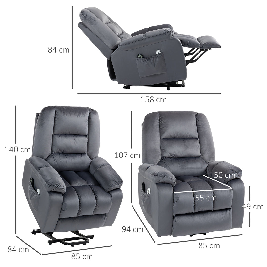 Massagestol stand-up aid seniorstol afslappende stol, 8 massagepunkter, 2 sidelommer, 85 cm x 94 cm x 107 cm, grå