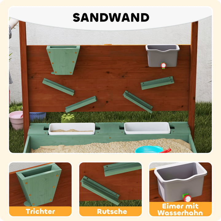Sandkasse med soltag til børn, 2 opbevaringsbeholdere, 116l x 112,5b x 128h cm, grantræ, plastik, grøn