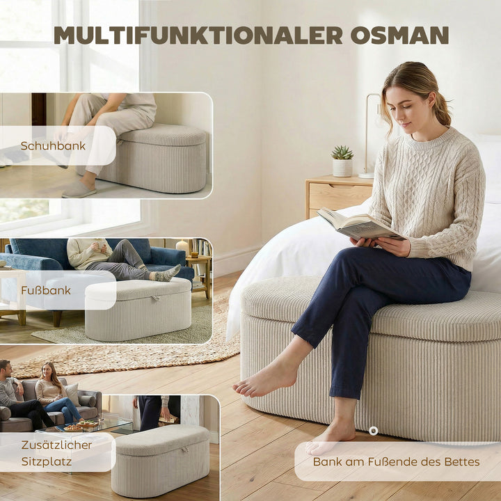 Puf med opbevaring, fløjlspolstring med polstret sæde, bænk ved foden af sengen, 105 x 51 x 49 cm, beige