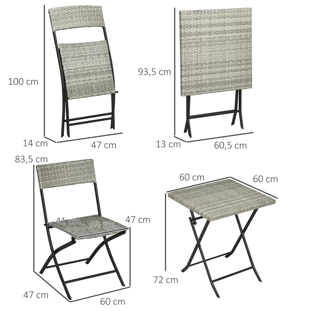 3-Delt havemøbelsæt, 2 klapstole, 1 klapbord, rattan-look, metalstel, lysegrå
