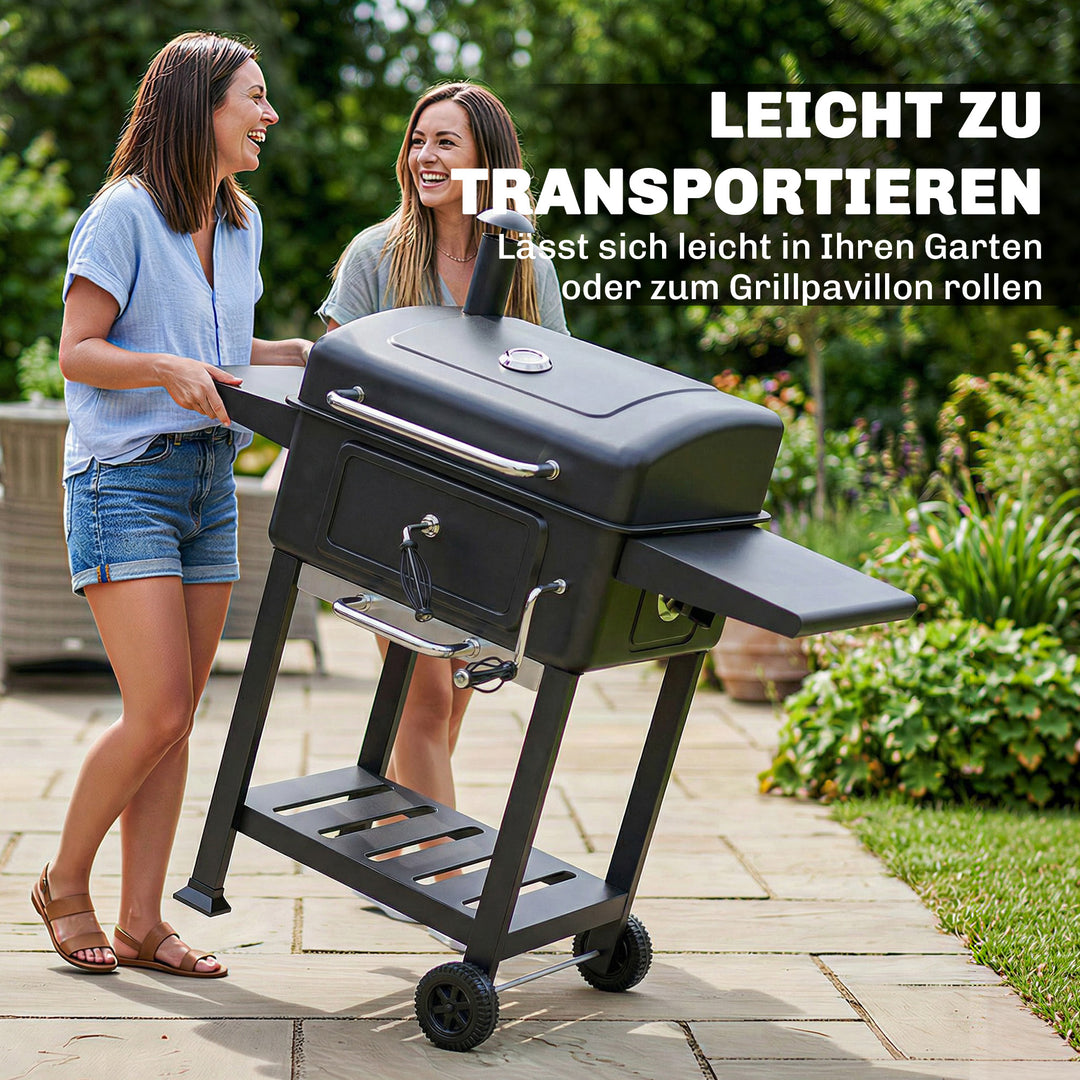 Kulgrill BBQ-ryger med låg, termometer, højdejusterbar kulpande, skorsten, grillrist, sidebord, askeskuffe