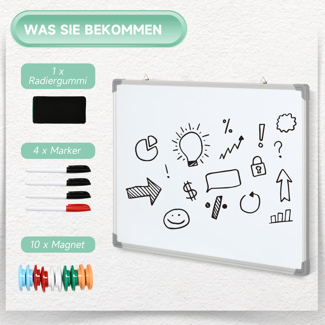 Whiteboard, magnettavle, memoboard, inklusive tilbehør: 4 tuscher, 1 viskelæder, 10 magneter, hvid + sølv
