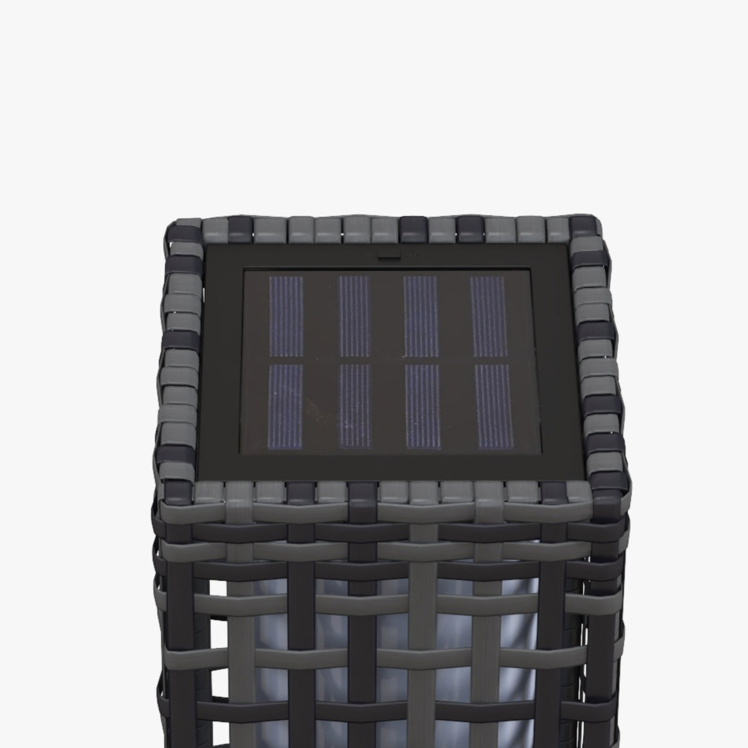 Udendørslampe med solpanel, automatisk tænding, 8 timers driftstid, rottinglook, stål, 15,5 x 15,5 x 46 cm, grå