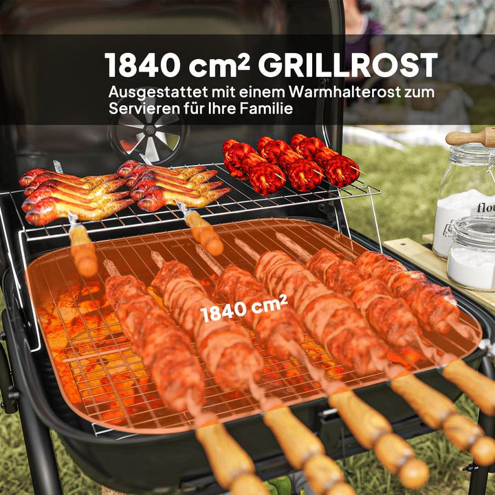 Kulgrill af stål, grillvogn med aflåseligt låg, grillrist, hjul, håndtag, træhylde, 98 x 54 x 91 cm, sort